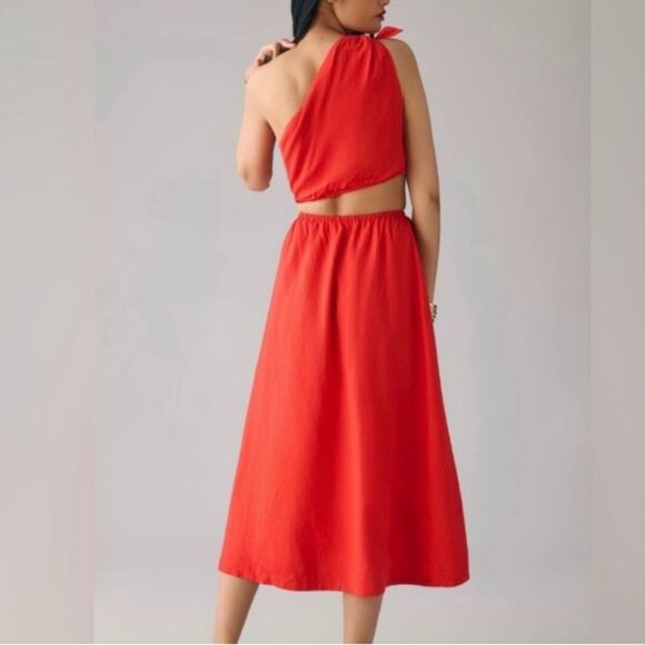 NEW FARM Rio Red Midi Knot Dress Linen Cutout Elastic Waist Asymmetrical Size XL - Picture 3 of 13